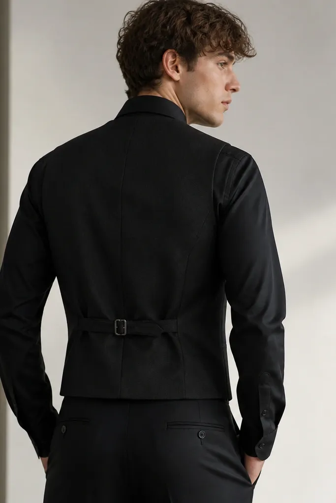 A black waistcoat with a belt at the back and matte buttons; the fabric has a subtle texture and clean seams, worn over a black shirt.