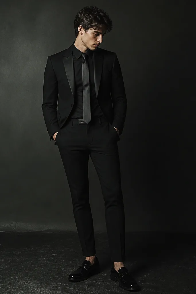 A black tailored blazer over a black button-up, a narrow black satin tie with a faint sheen, black slim trousers, and glossy black loafers. The look is photographed against a dark background with the tie catching light.