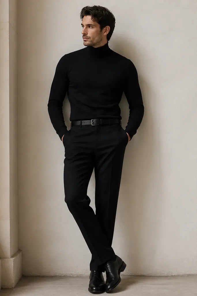 A fitted black turtleneck tucked into black straight-leg trousers with a matte black leather belt. The belt has a simple buckle, and the shoes are black with a smooth finish.