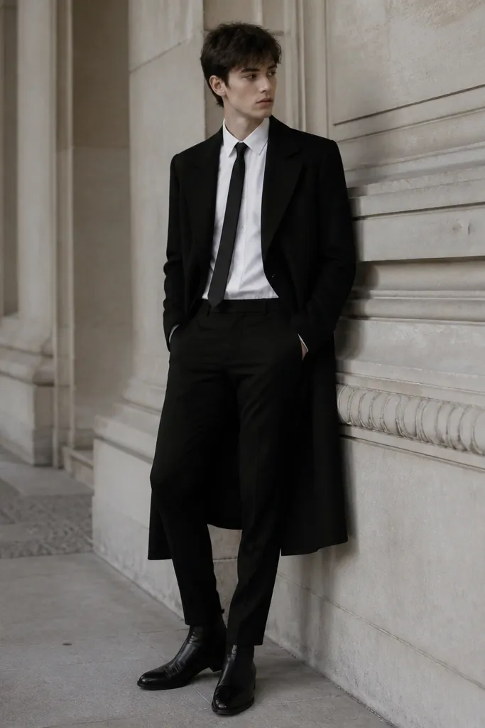 A long black overcoat over a white button-up shirt, with a skinny black tie. Black trousers and black boots finish the look.