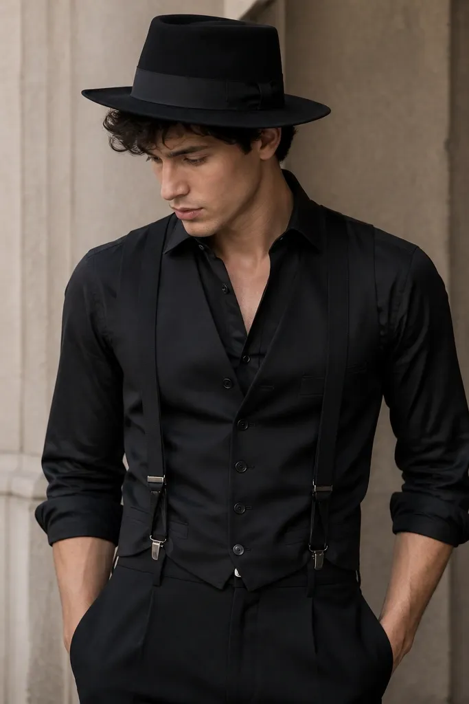 A black suit vest over a black dress shirt, with black suspenders visible down the front. The person wears black trousers and a dark fedora.