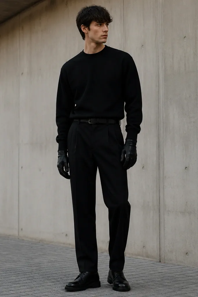 A black crewneck sweatshirt tucked into black trousers with black utility-style gloves. The shoes are black and the overall look is minimal and crisp.
