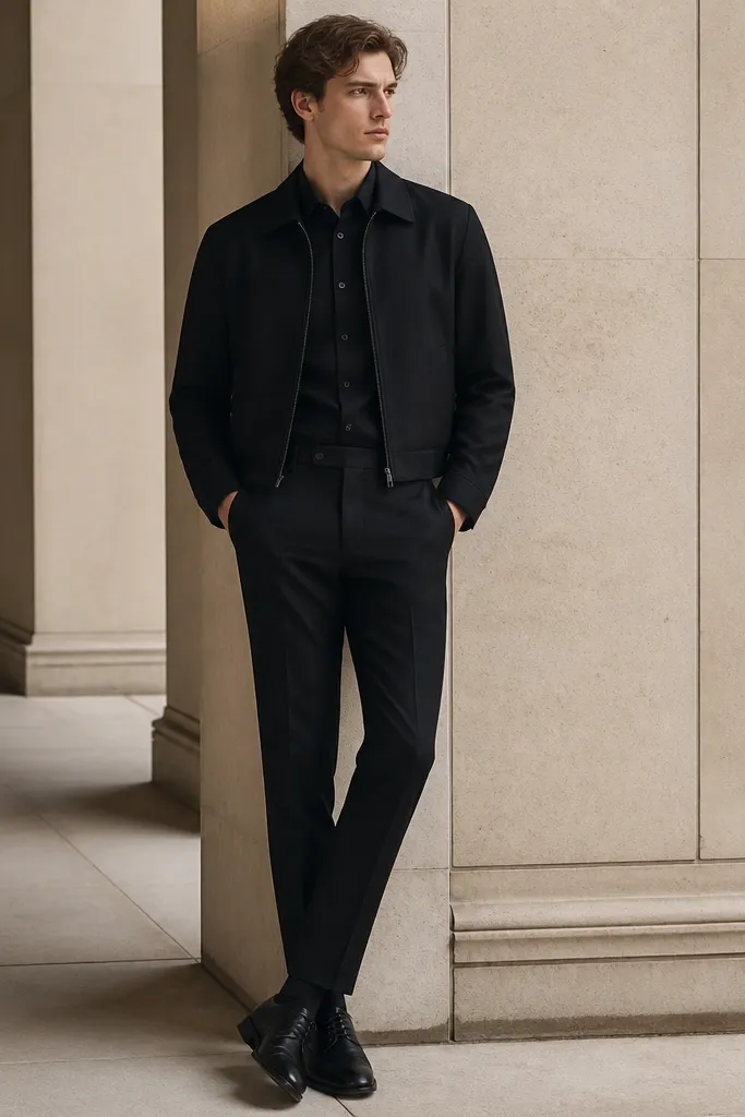 A black button-up worn with a shorter black jacket (cropped), slim black trousers, and black dress shoes. The collar is neat and the jacket ends around the waistband.