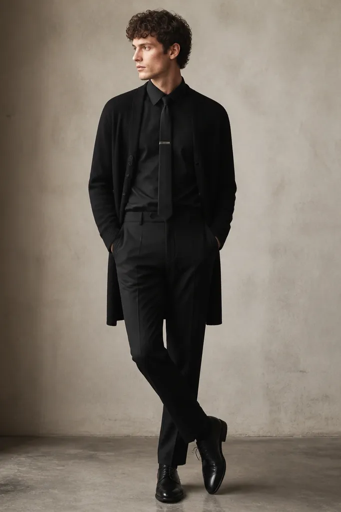 Black suit trousers paired with a longline black cardigan over a dark shirt. A black tie and tie clip sit at the center, and the shoes are black.