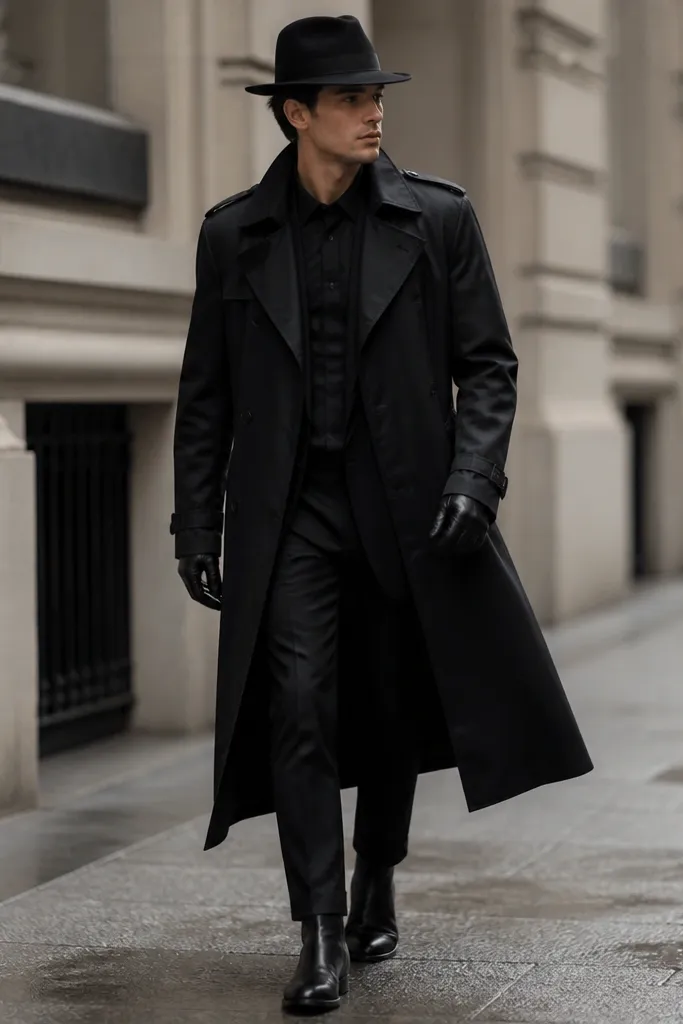 A black trench coat with a fedora hat and thin black leather gloves. A dark shirt and black trousers are underneath, with black boots at the bottom.