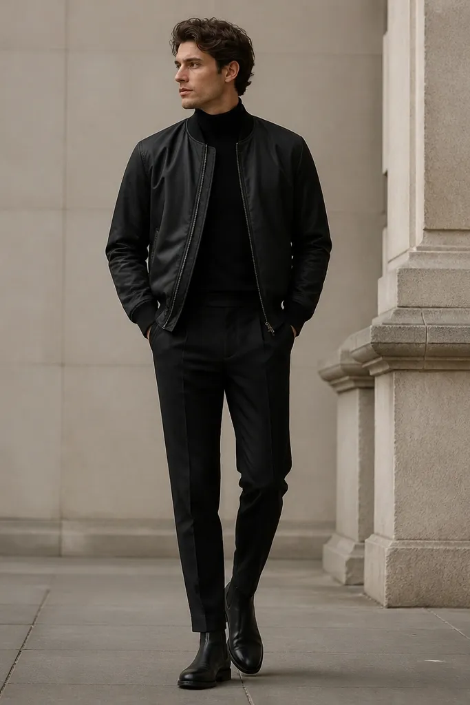 A black bomber jacket worn over a black turtleneck, paired with black trousers and Chelsea boots. The bomber has a slight sheen on the fabric.
