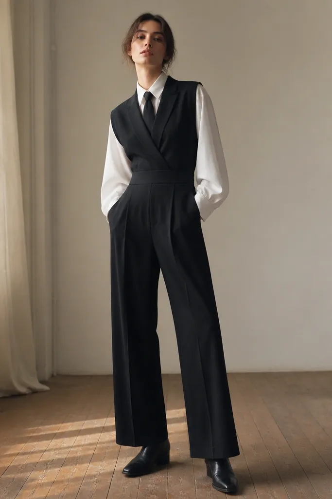 A black jumpsuit with a front panel or layered look, paired with a visible white shirt underneath and a black tie. The person wears black shoes and keeps accessories minimal.