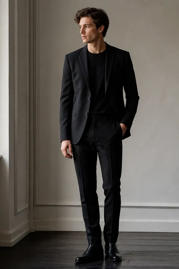 A black suit jacket worn open or buttoned over a black crewneck. Black trousers and black shoes complete the look, with no tie visible.