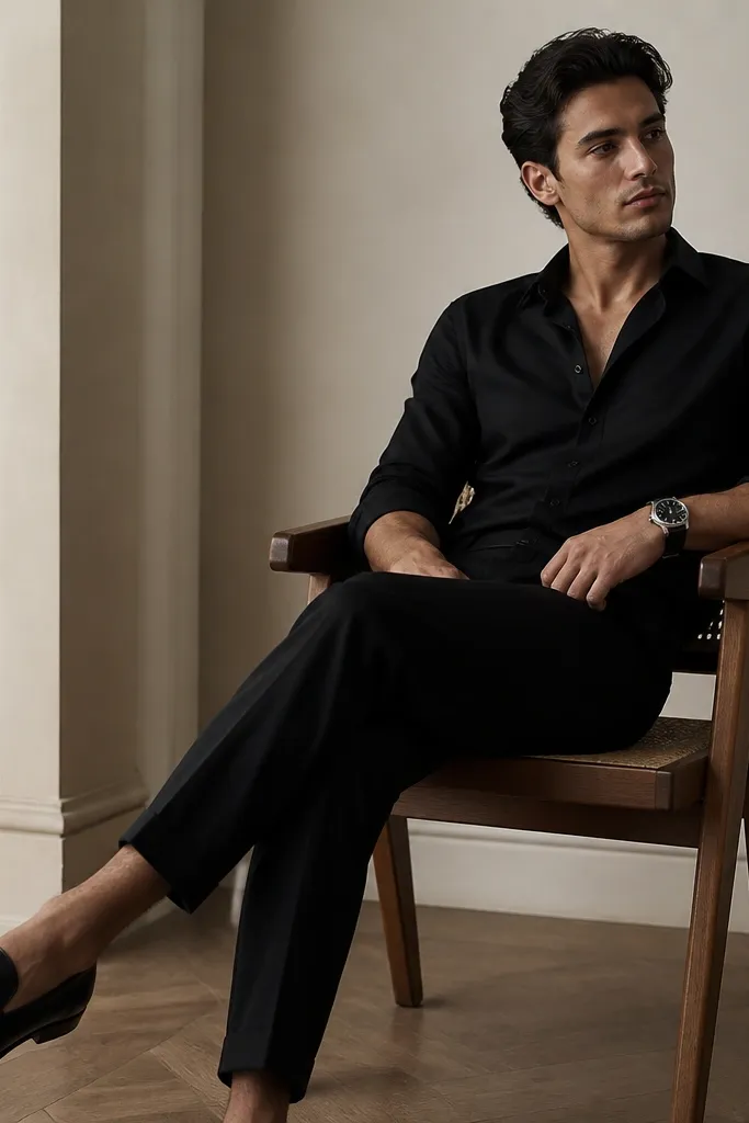 A black long-sleeve shirt with sleeves rolled once, black trousers, and a prominent cuff detail at the wrist (either a watch or cuff accessory). The person wears black loafers.