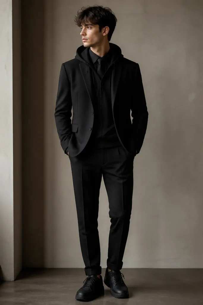 A structured black hoodie under a black blazer, with a black tie visible at the center. Black trousers and black sneakers complete the look.