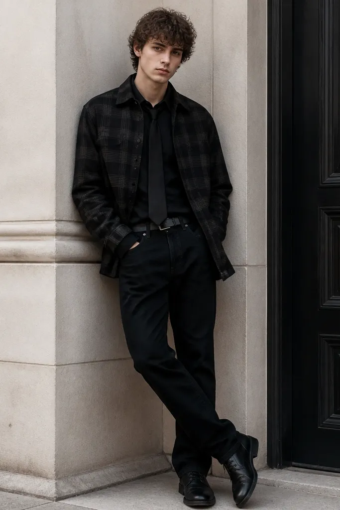 A black plaid overshirt worn open over a black t-shirt, with a black tie hanging underneath. Black jeans or trousers and black shoes complete it.