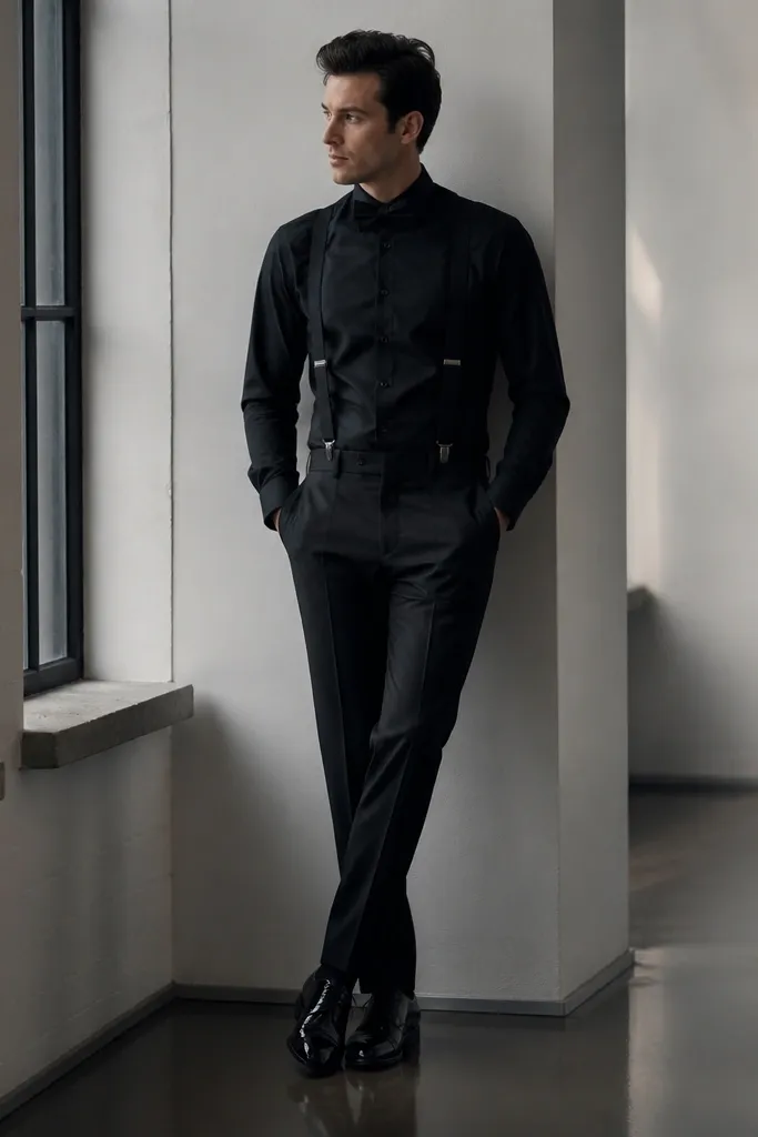 A black dress shirt with suspenders, paired with a small black bow tie. The trousers are black and the shoes are polished black.