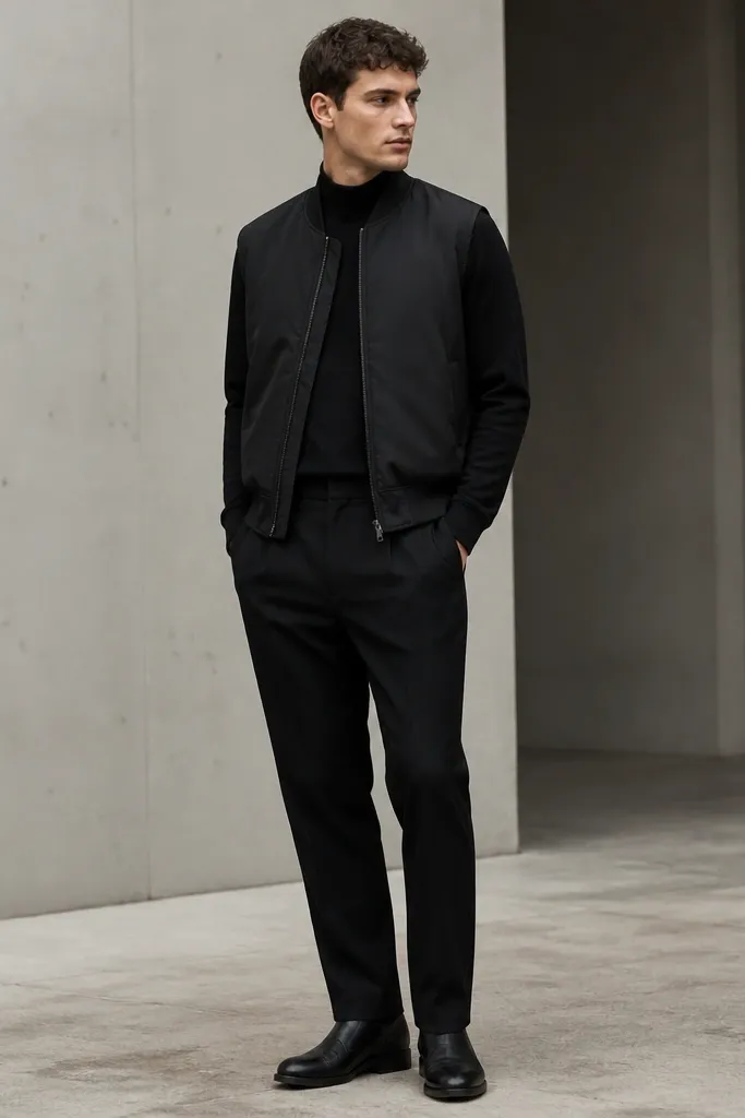 A black bomber-style vest layered over a black long-sleeve mockneck shirt. Black trousers and black shoes finish the look.