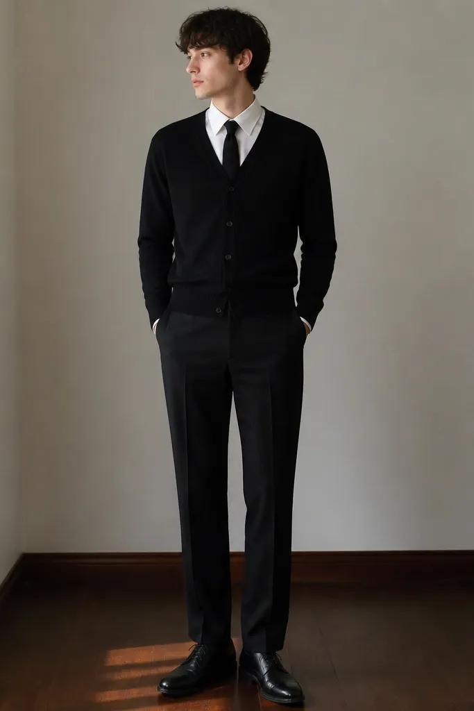 A black cardigan worn over a crisp collared shirt with a black tie visible at the center. Black trousers and dark shoes complete the look.