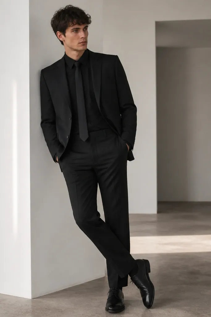 A black polo shirt under a black blazer, with a narrow black tie worn over the collar area. Black trousers and black shoes finish it.