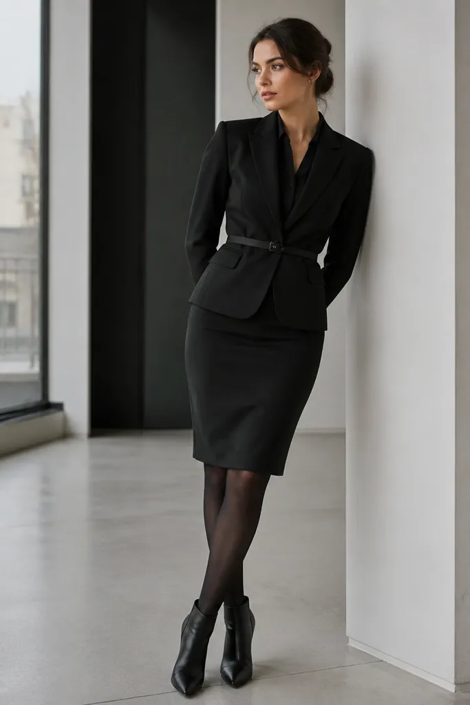A black suit skirt paired with a fitted black blazer and a narrow black tie belt at the waist. Black tights and black heels or boots complete it.