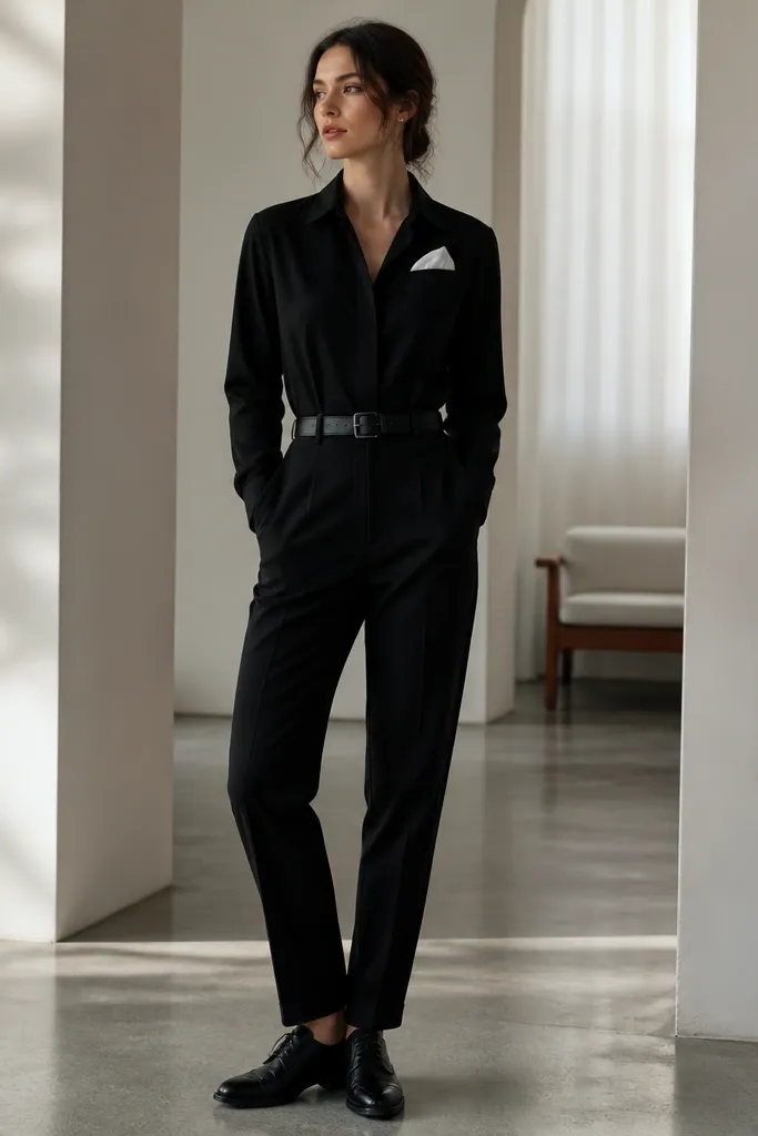 A black jumpsuit cinched with a black belt, with a white pocket square peeking from the chest. Black shoes complete the look.