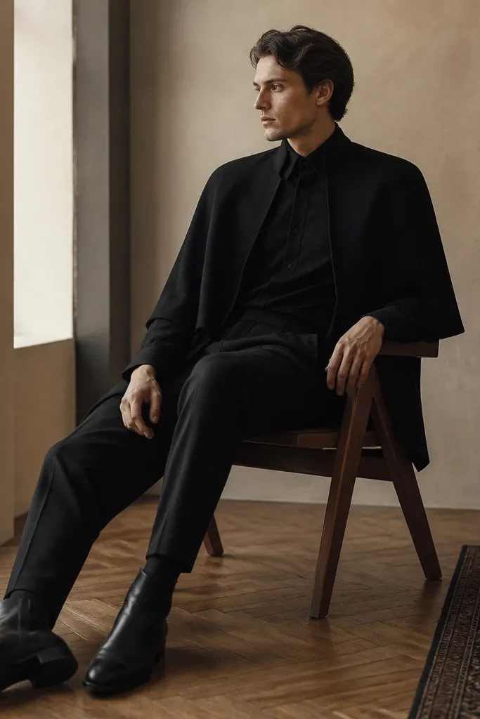 A black dress shirt under a short black cape-like coat with a draped shoulder line. The person wears black boots and black trousers.