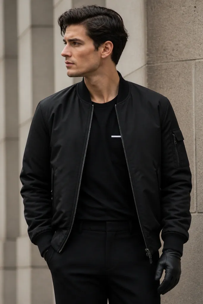 A black bomber jacket over a black tee with a small white chest pocket detail. Black gloves and black trousers complete the look.