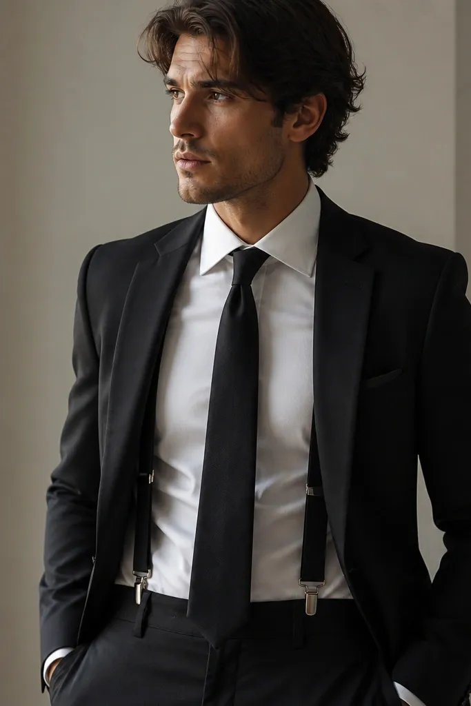 A black suit jacket with suspenders underneath, a black tie with a neat knot, and a white shirt showing at the collar. The look is photographed from the waist up.
