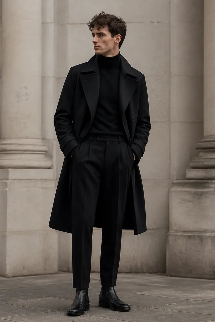 A black trench coat worn over a black turtleneck. The person wears black ankle-length boots and black trousers, with a clean monochrome look.