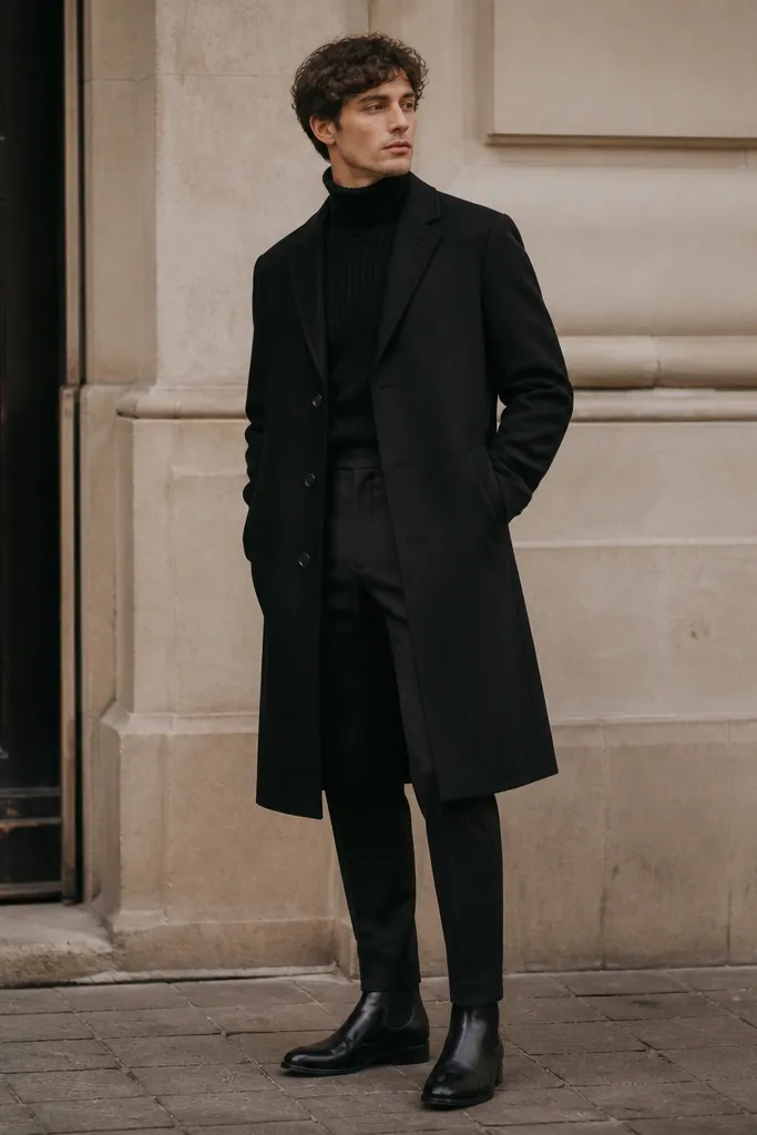 A model wearing a long black wool overcoat with a clean notch lapel, a fitted black ribbed turtleneck underneath, black slim trousers, and polished black leather boots. The lighting shows the coat's matte texture and the turtleneck's fine ribs.