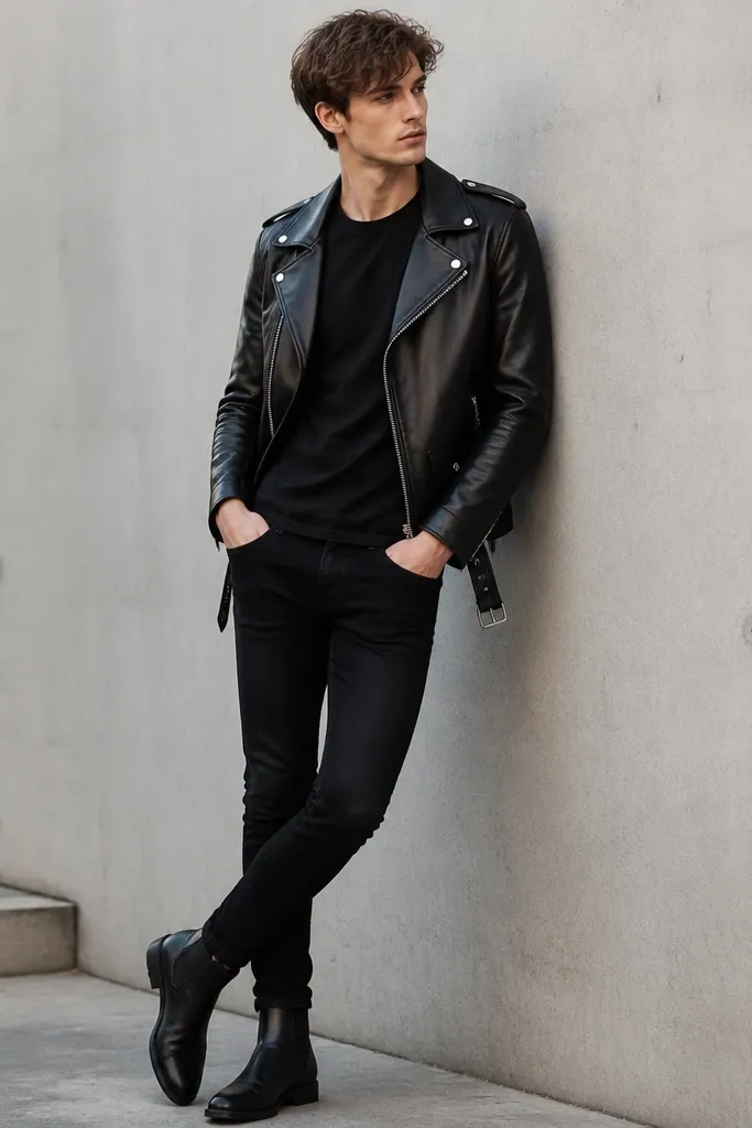 A model in a black leather moto jacket with zippers and a slightly cropped length, a plain black crew tee, black skinny jeans, and black Chelsea boots. The jacket's sheen contrasts with the matte tee and jeans.
