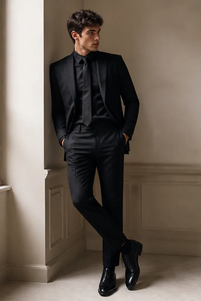 A model wearing a fitted black blazer and matching trousers, a black satin button-up shirt with a slight sheen, and a matte black tie. The outfit is paired with black oxford shoes.