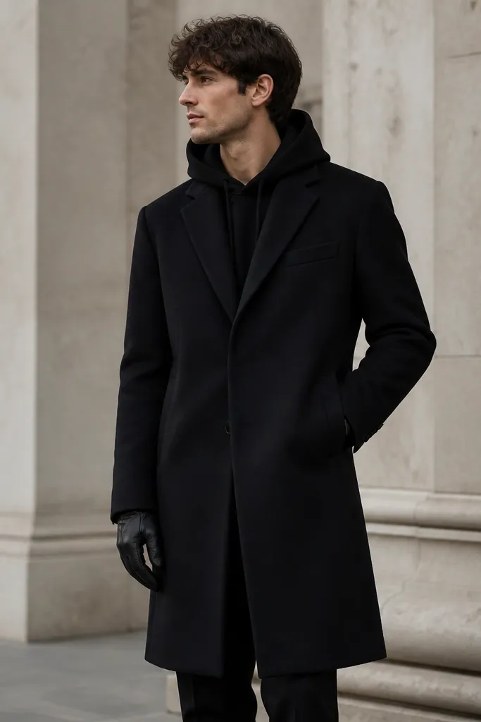 A model in a black hoodie under a structured black overcoat, with black leather gloves and dark tapered pants. The coat shoulders are crisp, and the hoodie peeks at the collar.