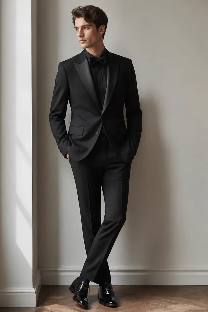 A model wearing a black tuxedo jacket with satin lapels, black stretch trousers, and a black bow tie. The outfit is finished with black dress shoes and a clean white shirt line is kept absent.