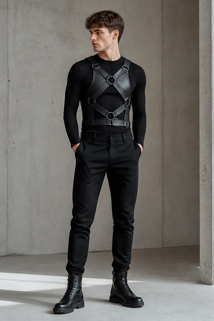 A model wearing a fitted black long-sleeve shirt, a black leather harness-style vest with straps across the chest, black cargo-free pants, and black combat boots. The harness lines create a geometric pattern.