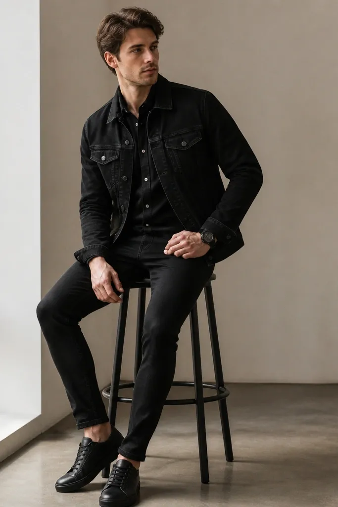 A model in a black denim jacket over a black oxford button-down, paired with black jeans and black leather sneakers. A small black watch is visible on the wrist.
