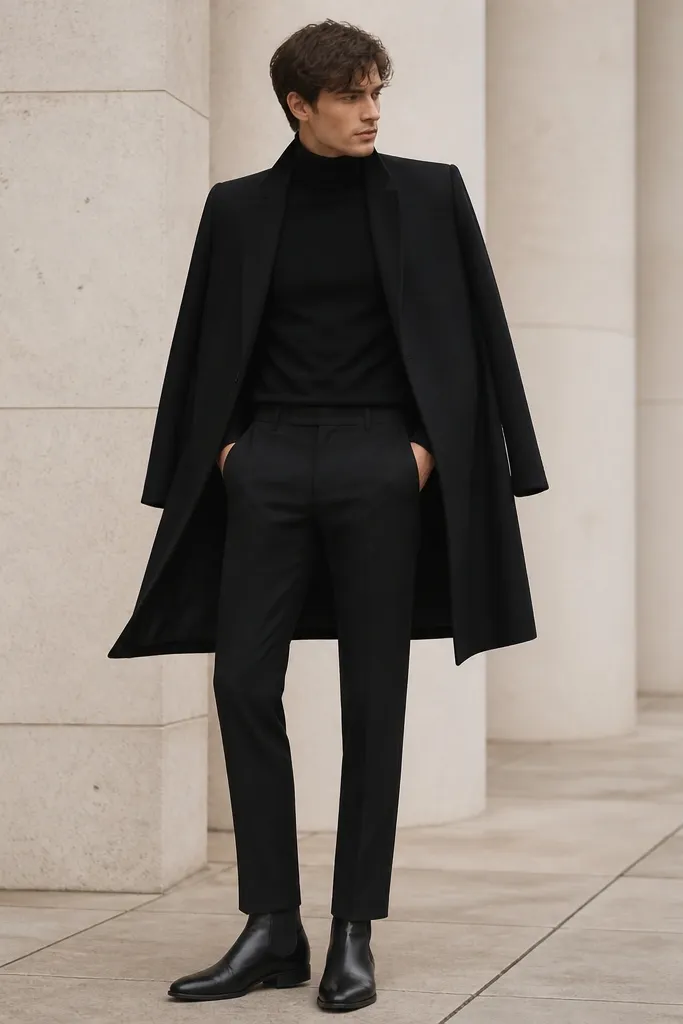 A model wearing a black cape-style coat that drapes over the shoulders, a fitted black turtleneck, dark slim trousers, and black Chelsea boots. The cape has a structured shoulder line.