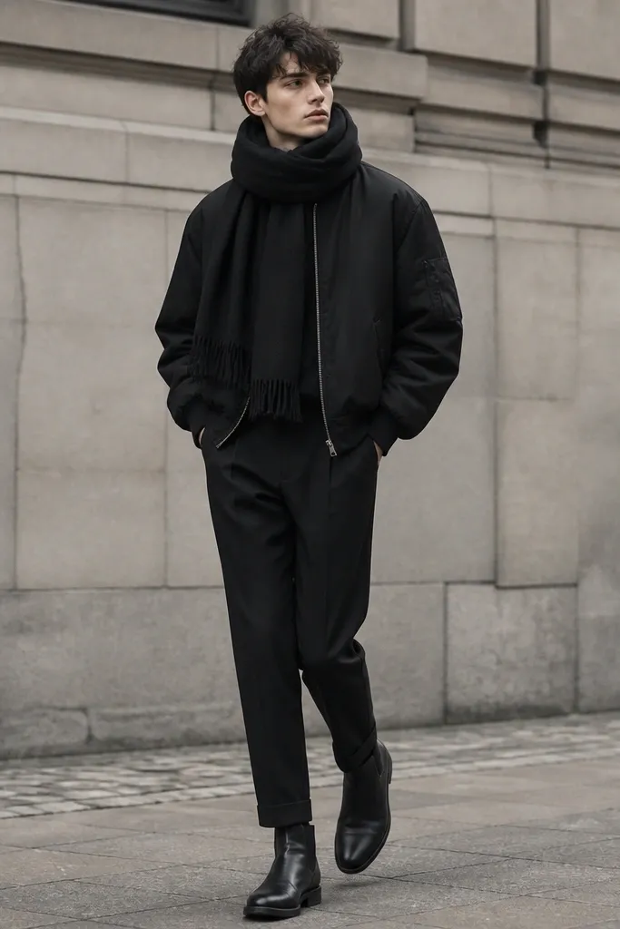A model wearing a black bomber jacket, an oversized black scarf wrapped around the neck, tapered black trousers, and black boots. The scarf texture is visible and matte.