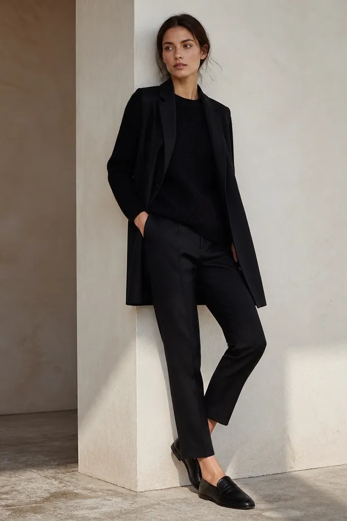 A model in a black knit sweater layered under a long black vest, with slim black trousers and black leather loafers. The knit shows a fine pattern texture.