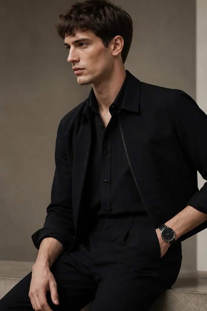 A model wearing a black button-up shirt with sleeves slightly rolled, a cropped black jacket, and black trousers. A large black-faced watch stands out on the wrist.