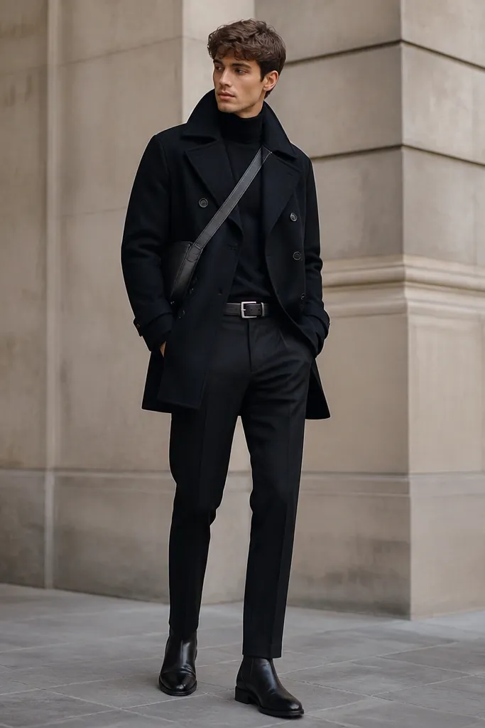 A model wearing a black peacoat with double-breasted buttons, black trousers, and a slim cross-body bag across the chest. The belt is leather, and the boots are polished black.