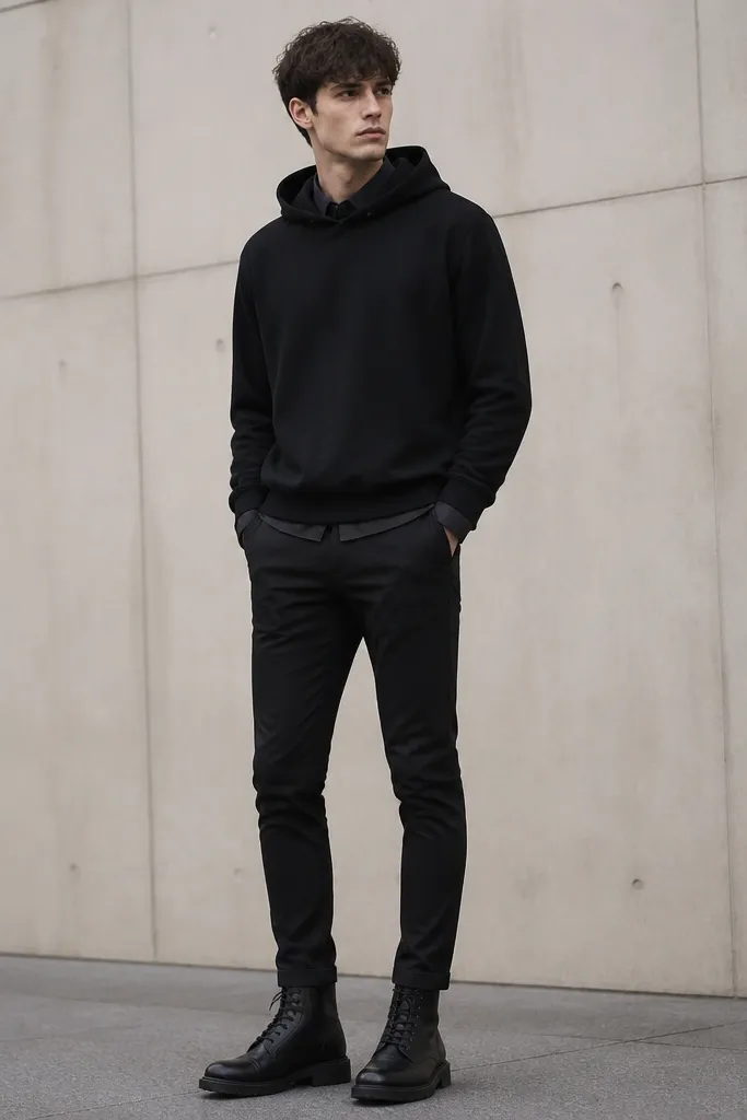 A model wearing a black hoodie with a black dress shirt peeking at the collar and cuffs, black slim pants, and black lace-up boots. The layered collar is visible.