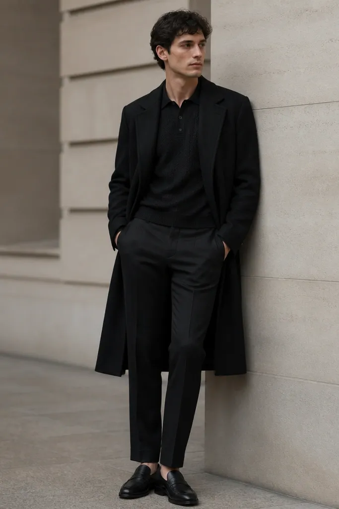 A model wearing a black knit polo under a long black coat, with black loafers and black trousers. The polo has a subtle texture and the coat drapes smoothly.