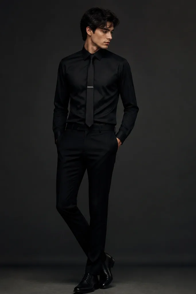 A person in a black long-sleeve button-up shirt with a slightly shiny finish, wearing a narrow black tie and black slim trousers. A silver tie clip sits at the center. The shoes are black leather lace-ups with a low shine. The background is dark, and the outfit looks crisp and photo-ready.