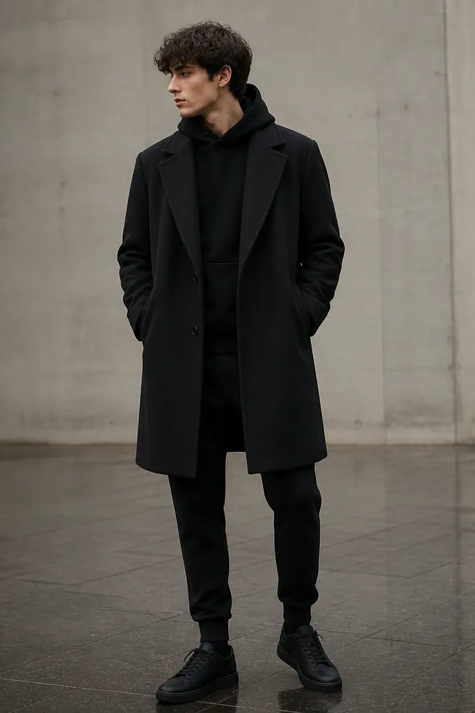A person wearing a fitted black hoodie under a long black overcoat. The coat has wide lapels and falls past the hips. Black joggers are visible at the cuffs. The hands are tucked into coat pockets, and the shoes are matte black sneakers.