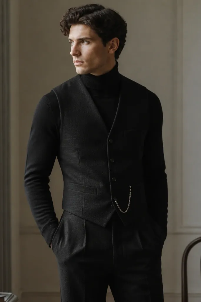 A person dressed in a black turtleneck under a fitted black waistcoat. The vest has a subtle texture, with clean buttons down the front. The trousers are black and straight-cut. A small silver pocket watch chain hangs from the vest pocket area.