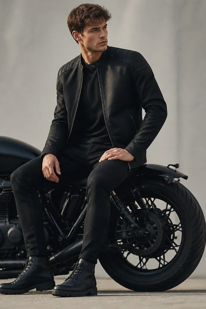 A biker-style black racer jacket worn over a plain black crew-neck tee. The jacket has a visible zipper and subtle paneling. The person wears black cargo-free slim pants and black combat boots with thick soles.