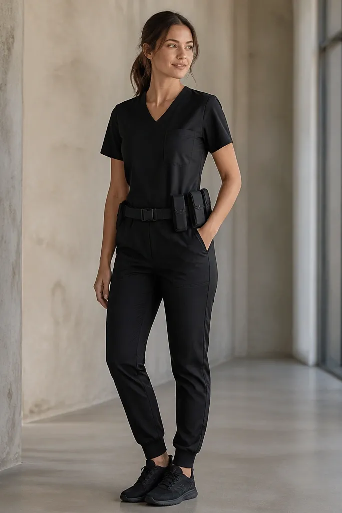 A person wearing an all-black scrub top and scrub pants. The top has a front pocket and a V-neck. A black utility belt wraps the waist with small pouches. Black sneakers match the outfit.