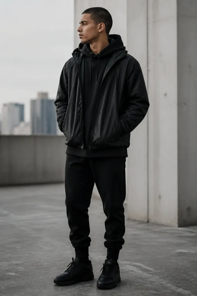 A person wearing a black hoodie under a black nylon windbreaker. The windbreaker has a slightly shiny surface and a hood. The person wears black joggers and black sneakers. The layers create a clean stacked silhouette.