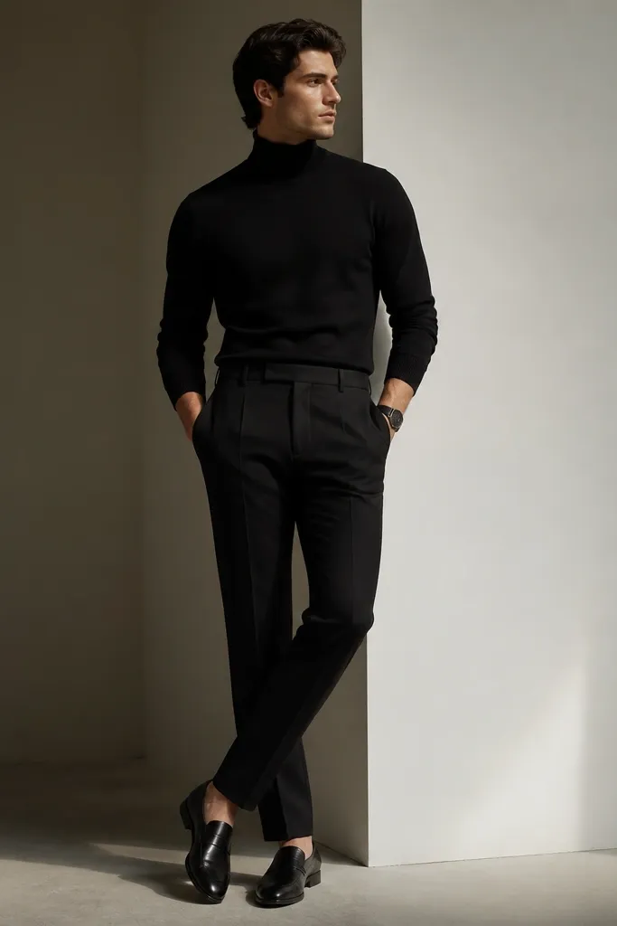 A person wearing black suit trousers paired with a fitted black turtleneck. The trousers have a crisp crease. The person wears black loafers and a matte black watch. The look is minimalist and sharp.