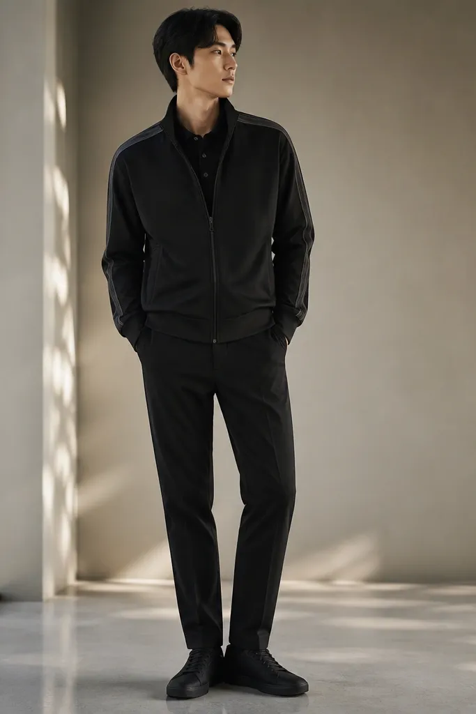 A person in a black track jacket with minimal stripes over a black collared shirt. The collar peeks out at the neckline. The pants are black and straight. Shoes are black sneakers with a clean profile.