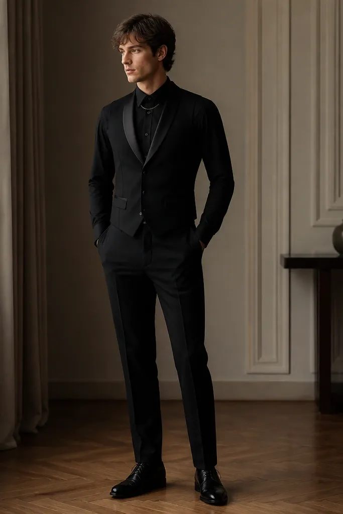 A person wearing a black dress shirt with a black tuxedo vest that has satin lapels. The vest is buttoned and fitted. They wear black trousers and black dress shoes. A small silver chain is visible at the collar.