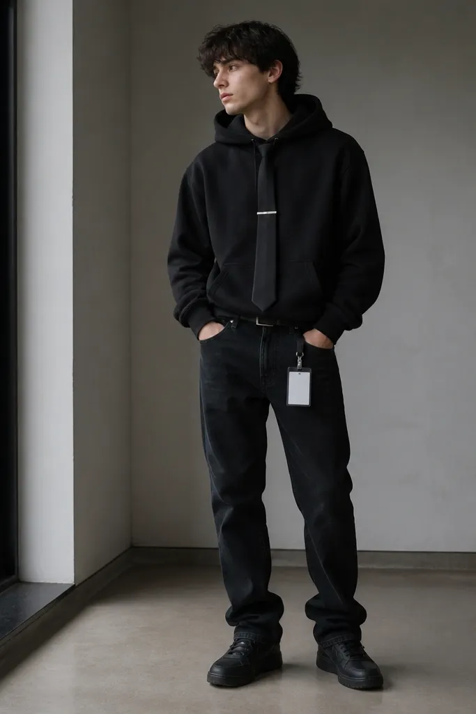 A person in a black hoodie wearing a narrow black tie clipped with a silver tie clip. A fake ID badge hangs from a clip attached to the tie or belt. Black jeans and black sneakers complete the look.