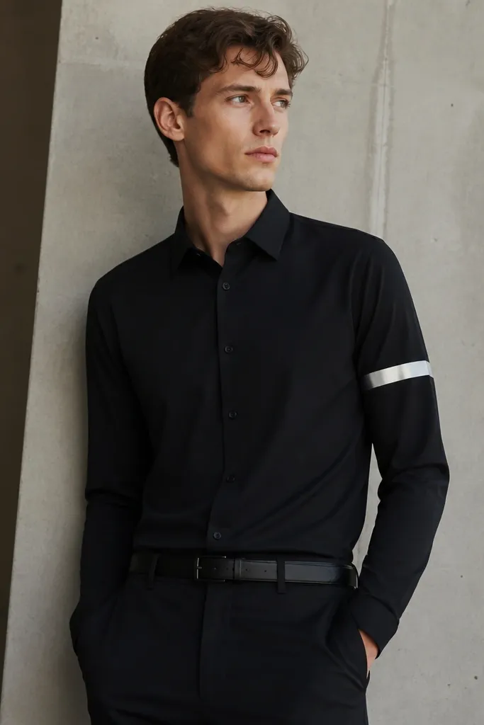 A person wearing a black short-sleeve or long-sleeve shirt with a single silver stripe taped around the upper arm. The stripe looks straight and intentional. They wear black trousers and a black belt. The overall outfit is plain except for the stripe.